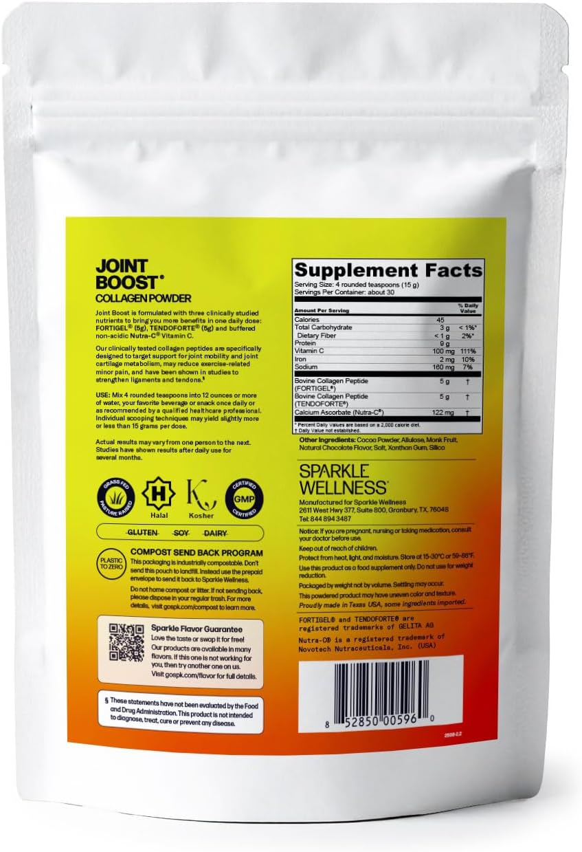 Sparkle Wellness FORTIGEL & TENDOFORTE Collagen Peptides | Collagen Powder with Calcium Ascorbate Vitamin C to Support Joint Mobility, Tendon & Ligament Health | Joint Boost (Chocolate) [30-Serves]