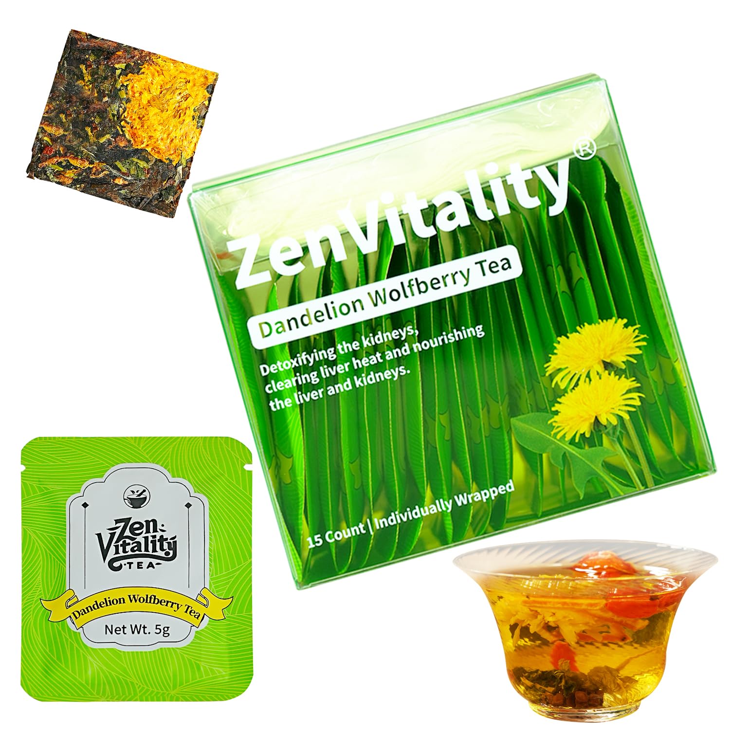 ZenVitality® Organic Dandelion Wolfberry Tea For Diabetics Supports Healthy Blood Sugar, Digestion, Weight & Liver With White Tea, Dandelion Leaf, Goji Berry, Chrysanthemum, Honeysuckle, Mulberry Leaf