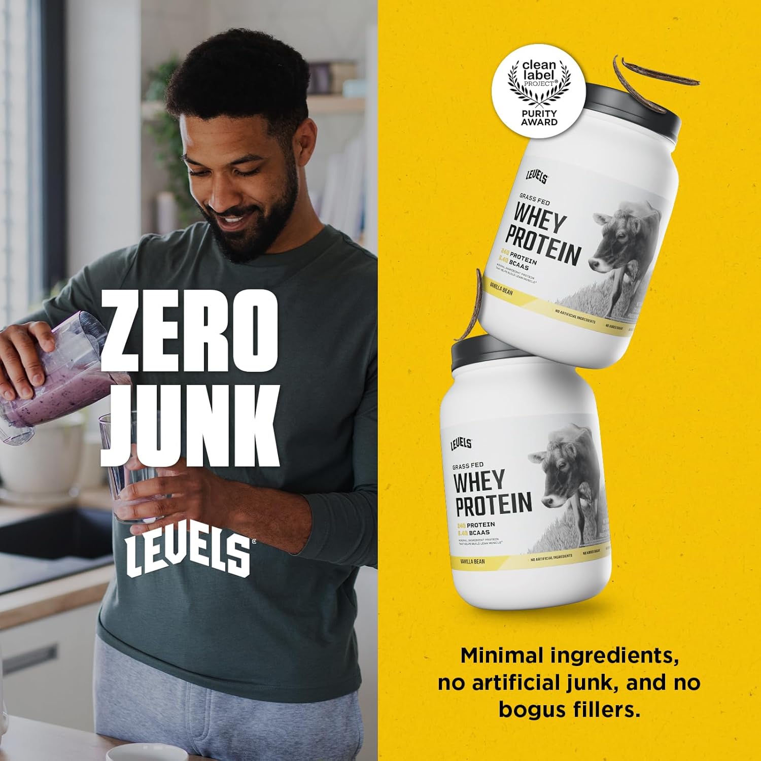 Levels Grass Fed Whey Protein Powder, No Artificials, 24G of Protein, Vanilla Bean, 2LB