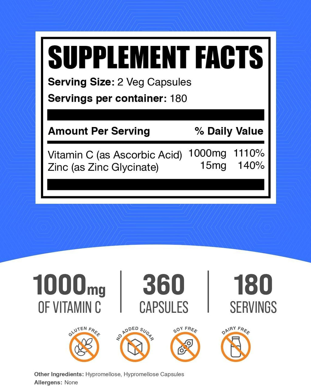 BulkSupplements.com Vitamin C with Zinc Capsules - Vitamin C 1000mg & Zinc 15mg, for Immune Support - Vegan, 2 Capsules per Serving, 360 Veg Count (Pack of 1)