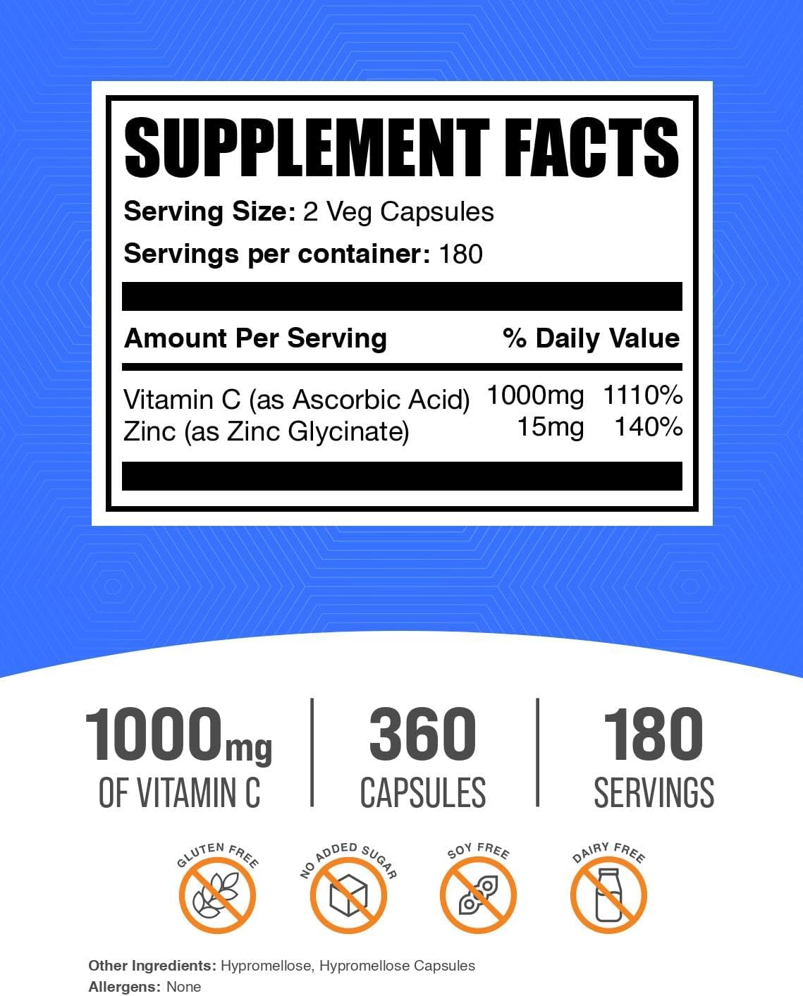 BulkSupplements.com Vitamin C with Zinc Capsules - Vitamin C 1000mg & Zinc 15mg, for Immune Support - Vegan, 2 Capsules per Serving, 360 Veg Count (Pack of 1)