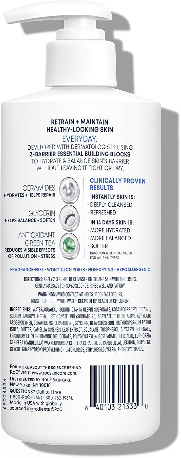 RoC Barrier Renew Gel to Foam Non Drying Foaming Facial Cleanser to Hydrate Skin, facial cleanser for sensitive skin, 12 Ounces