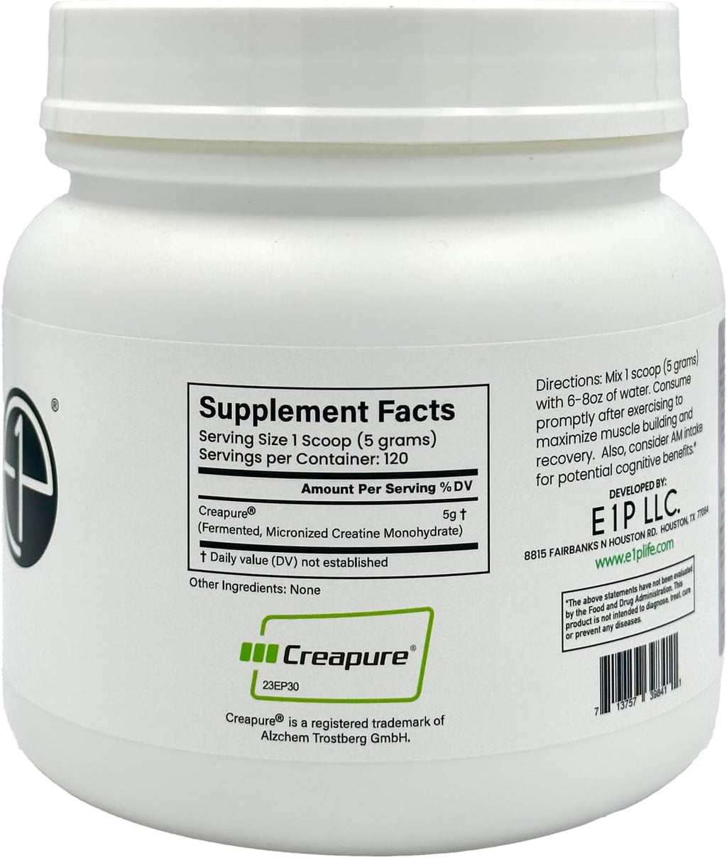 Creapure Creatine Monohydrate 600grams (120 Servings) Unflavored, Non-GMO, Vegan Fermented, Third-Party Lab Tested. Made with Halal and Kosher Certified Ingredients.