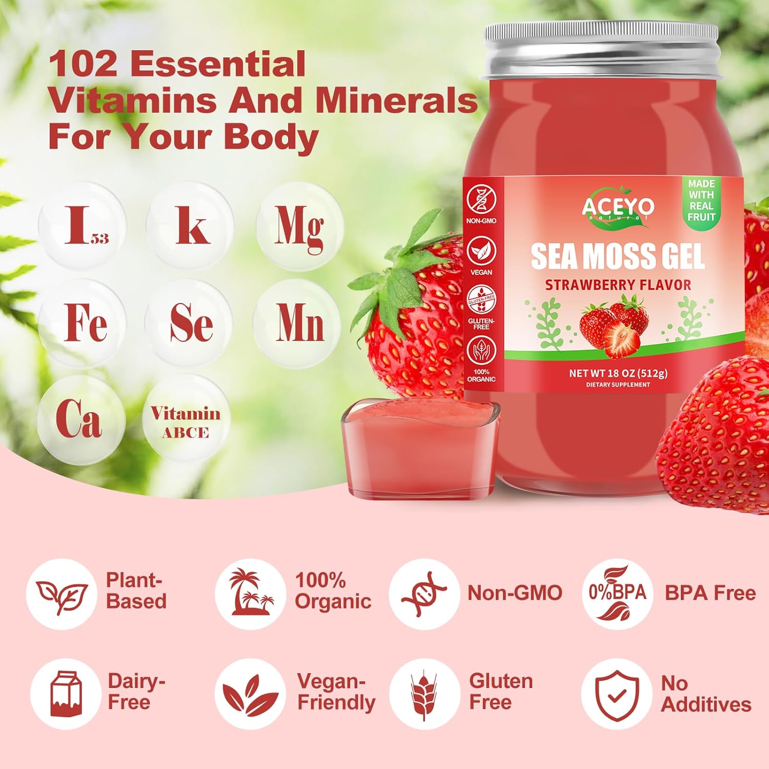 ACEYO (18 OZ) Irish Sea Moss Gel Raw Vegan Strawberry Flavor 102 Vitamins and Minerals Wild Harvested Non-GMO Immune Defense Booster Thyroid Digestive Support