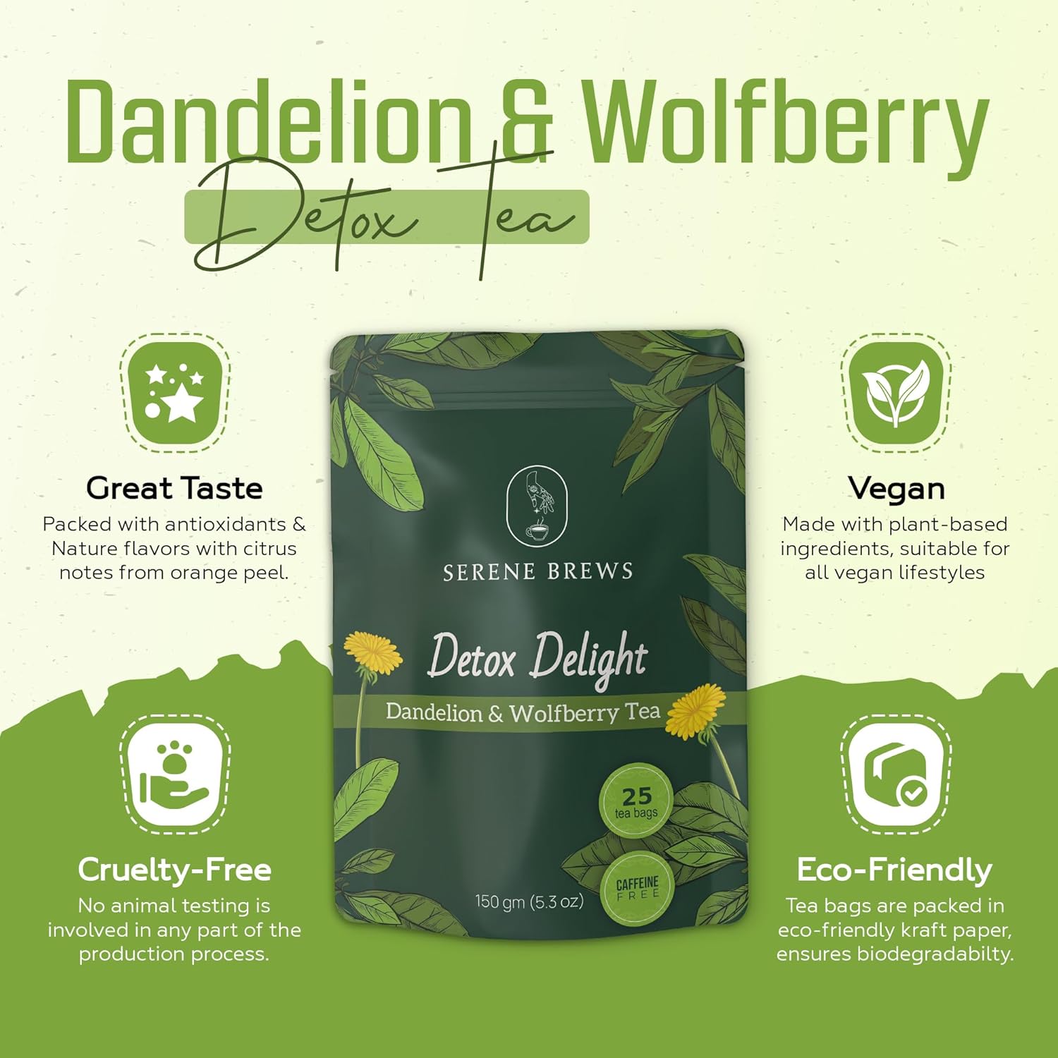 Dandelion Wolfberry Tea – Liver Cleanse, Detox & Repair, Kidney Detox – 100% Natural, Non-GMO, Premium Dandelion Root & Wolfberry Blend – 150 g (25 Tea Bags)