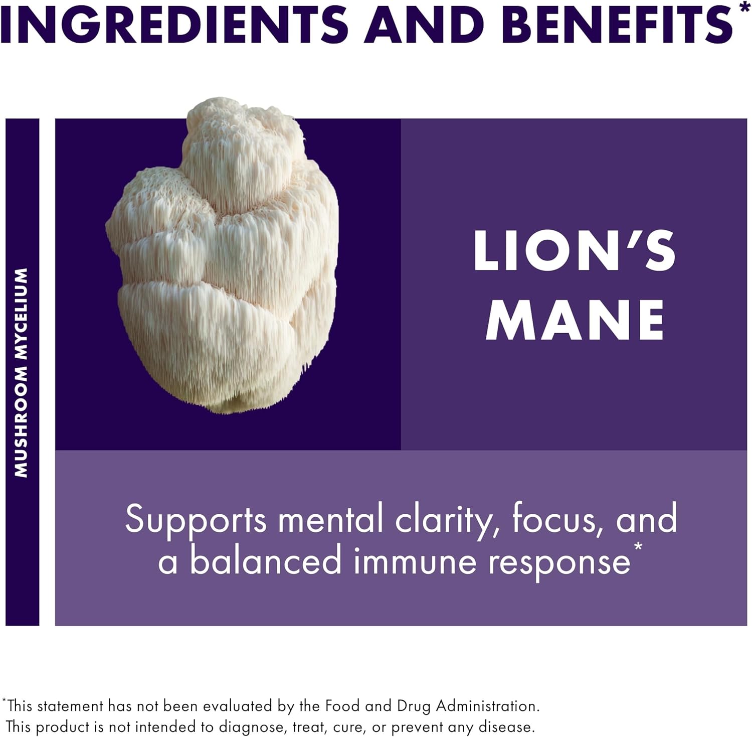 Host Defense Mushrooms Lion's Mane - Supplement Capsules for Brain Health Support - Mushroom Support for Focus & Memory Function - Immune & Nervous System Supplement - 30 Capsules (15 Servings)*