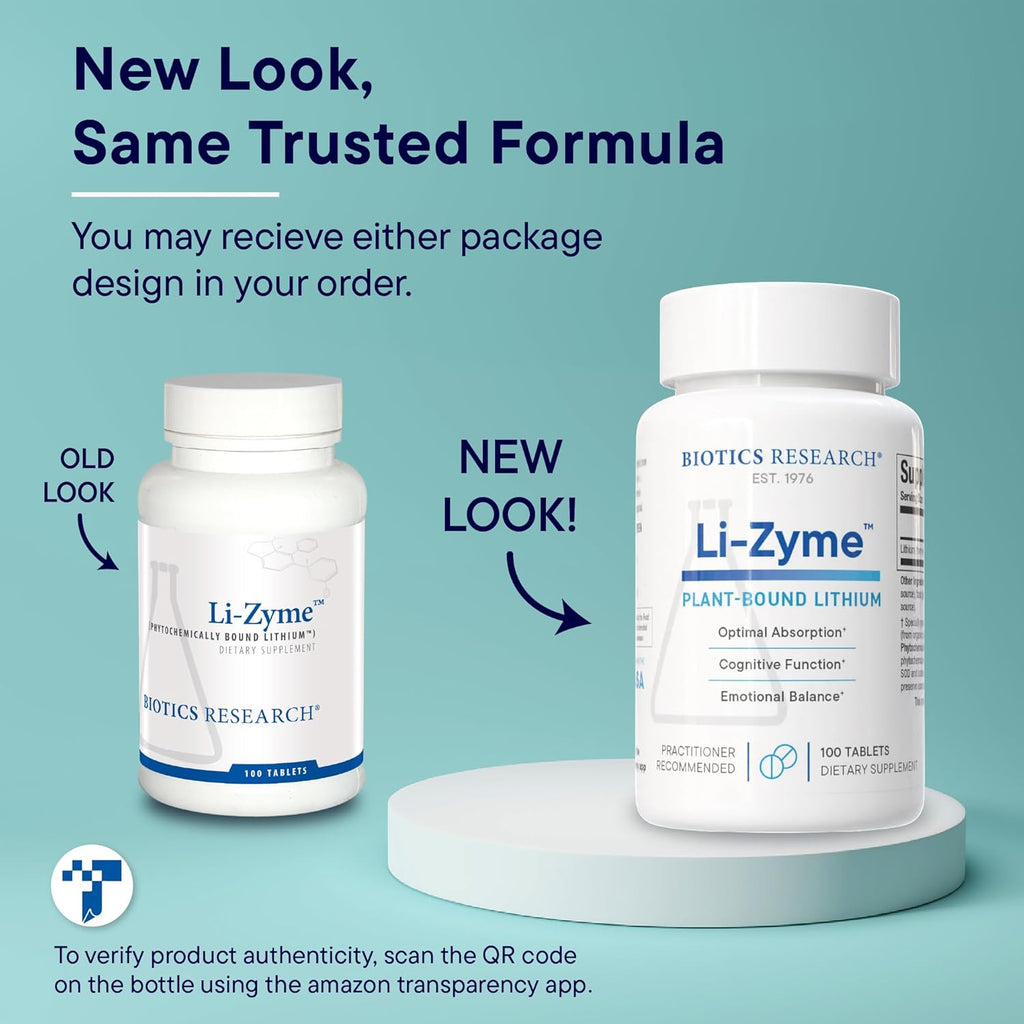 Biotics Research Li Zyme 50 micrograms, Lithium as a Whole Food, phytochemically Bound Lithium, Highly bioavailable, Supports Brain Function, Memory and Mood Support, 100 Tablets