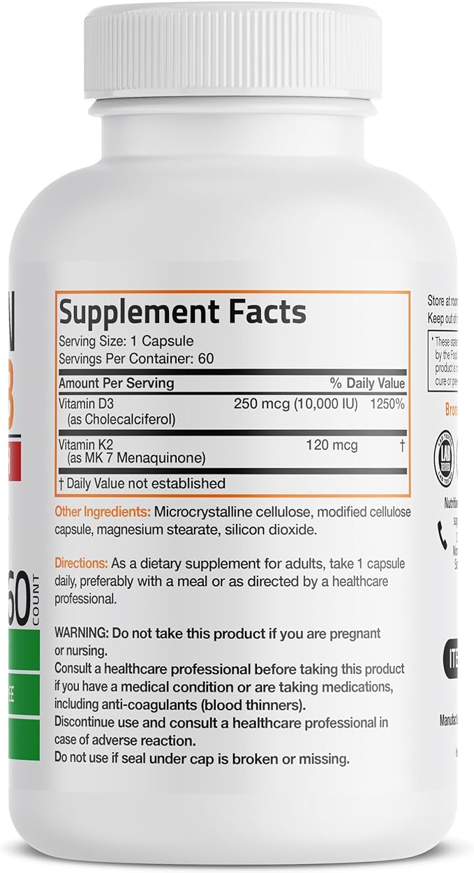 Bronson Vitamin K2 (MK7) with D3 Extra Strength Supplement Bone Health Non-GMO Formula 10,000 IU & 120 mcg MK-7 Easy to Swallow D K, 60 Capsules