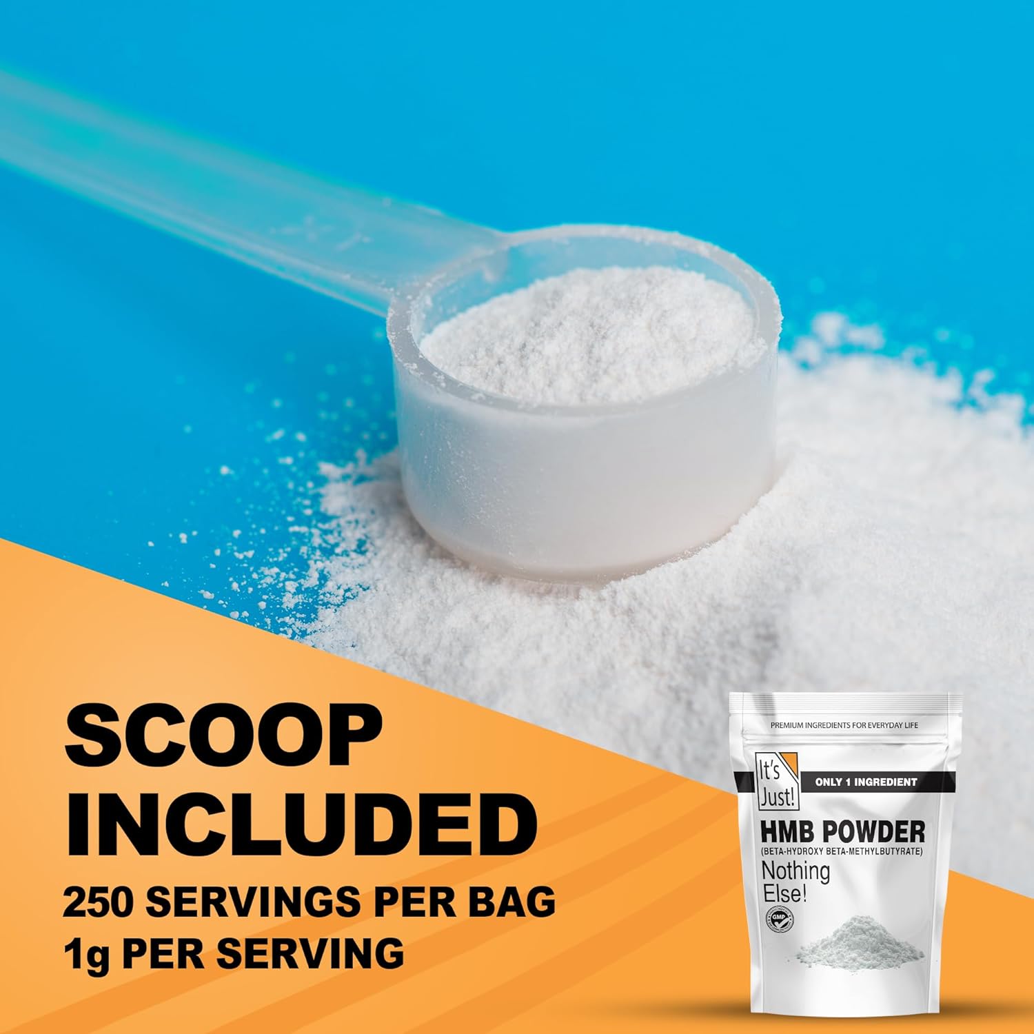 It's Just! - HMB Powder, 250g, Beta-Hydroxy Beta-Methylbutyrate, as Calcium HMB, Batch Tested Gluten Free, Non-GMO, Heavy Metal Tested, Keto Friendly (Unflavored, 250g)