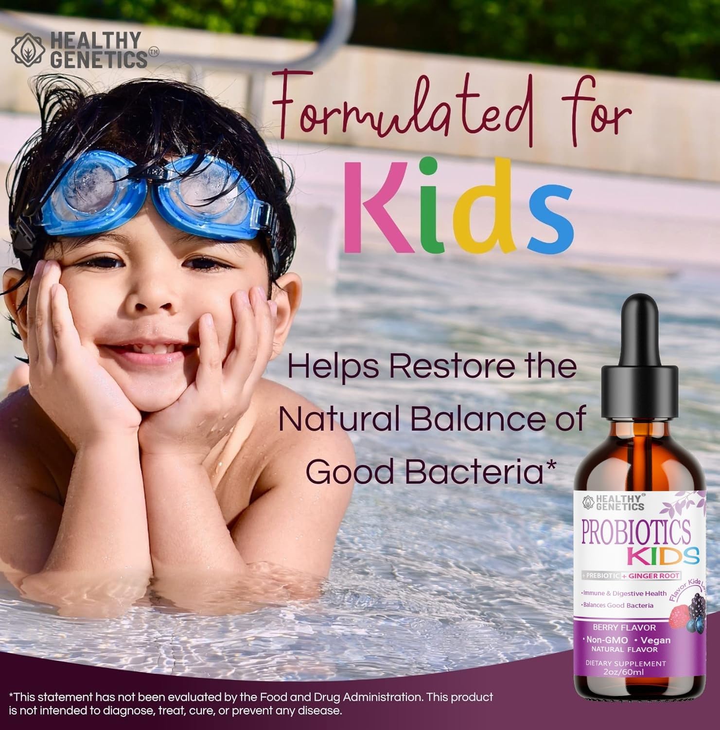 Liquid Probiotics for Kids & Toddlers | + Prebiotic + Ginger Root | Acidophilus Probiotic | Dairy Free | Vegan | Non-GMO | Gluten Free | 30-60 Servings