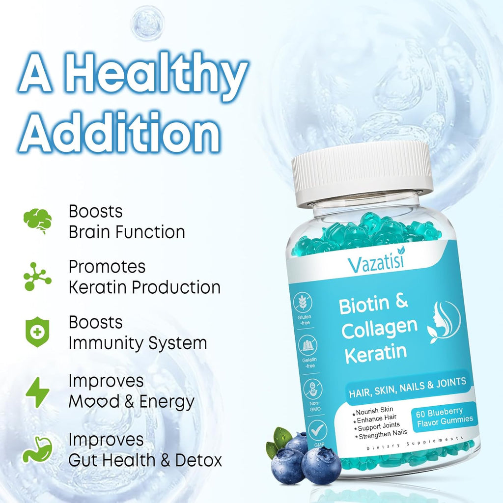 2 Pack Biotin Gummies with Collagen & Keratin for Hair Skin Nails- Women Men, Kids - 120 Blueberry Flavored Gummies