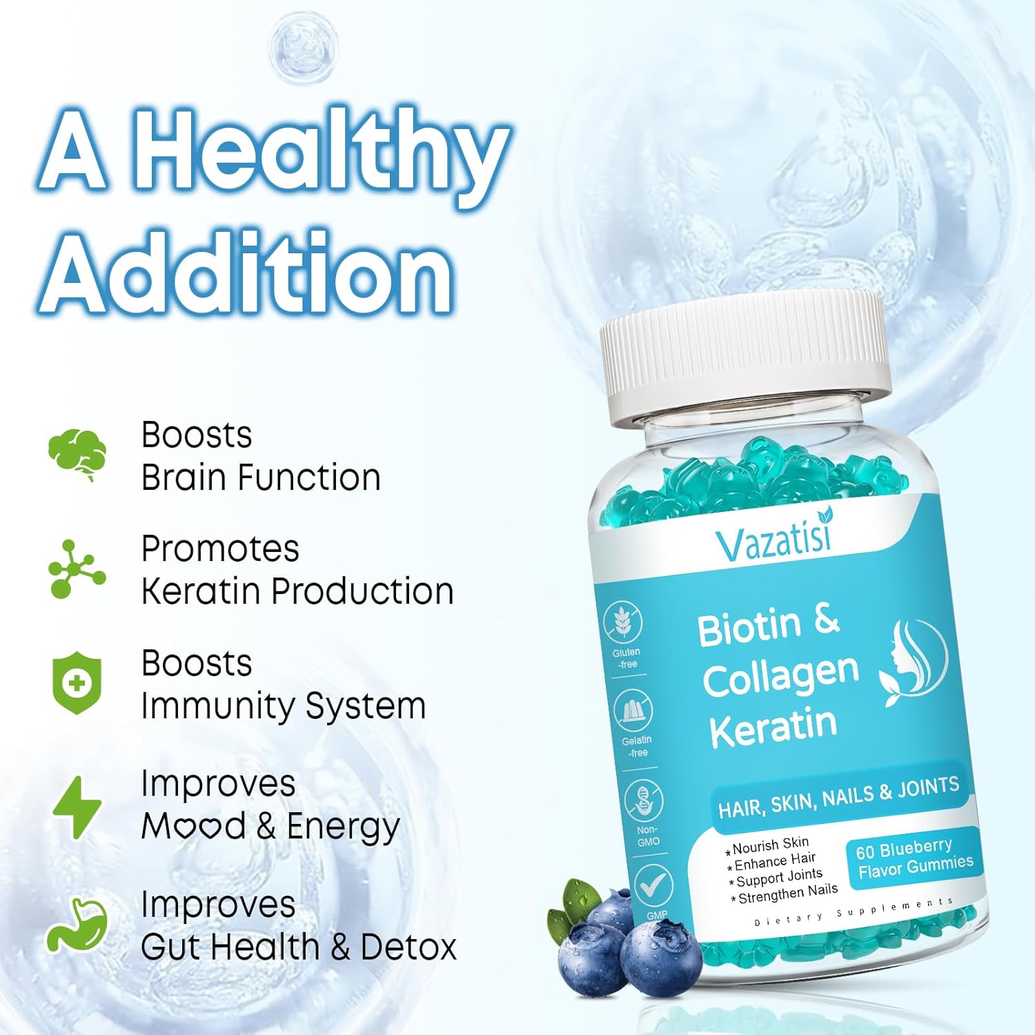 Biotin Gummies with Collagen & Keratin for Hair Skin Nails- Supports Hair Growth and Stronger Nails, Women Men, Kids - 60 Blueberry Flavored Gummies