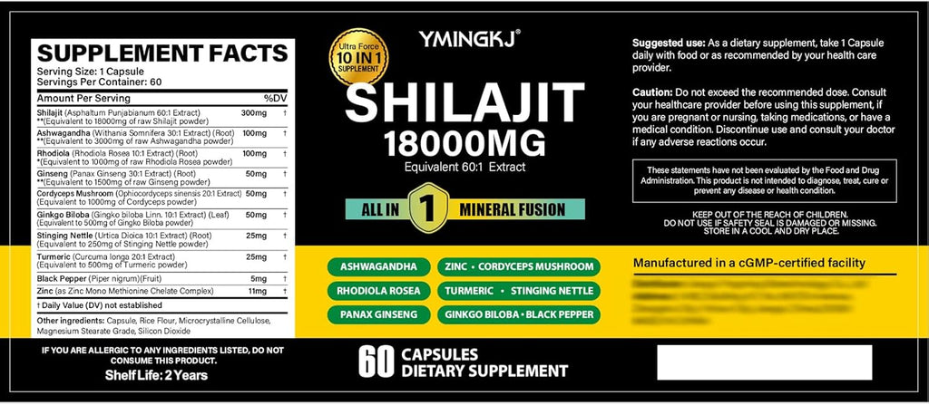 Shilajit Capsules 18000mg with Ashwagandha, Rhodiola Rosea, Panax Ginseng, Cordyceps, Turmeric, Ginkgo, Fulvic Acid Trace Minerals Supplement for Men & Women 60 Count Non-GMO Gluten-Free 2pack