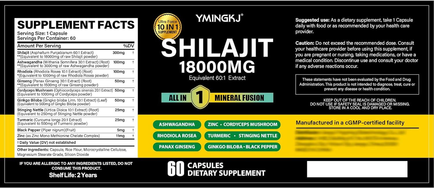 Shilajit Capsules 18000mg with Ashwagandha, Rhodiola Rosea, Panax Ginseng, Cordyceps, Turmeric, Ginkgo, Fulvic Acid Trace Minerals Supplement for Men & Women 60 Count Non-GMO Gluten-Free 2pack