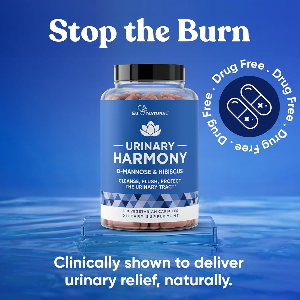 Urinary Harmony D-Mannose Supplement – Urinary Tract Health for Women – Cleanses and Flushes the Urinary System – Potent Clinical Strength Formula with DMannose and Hibiscus – 180 Fast Acting Capsules