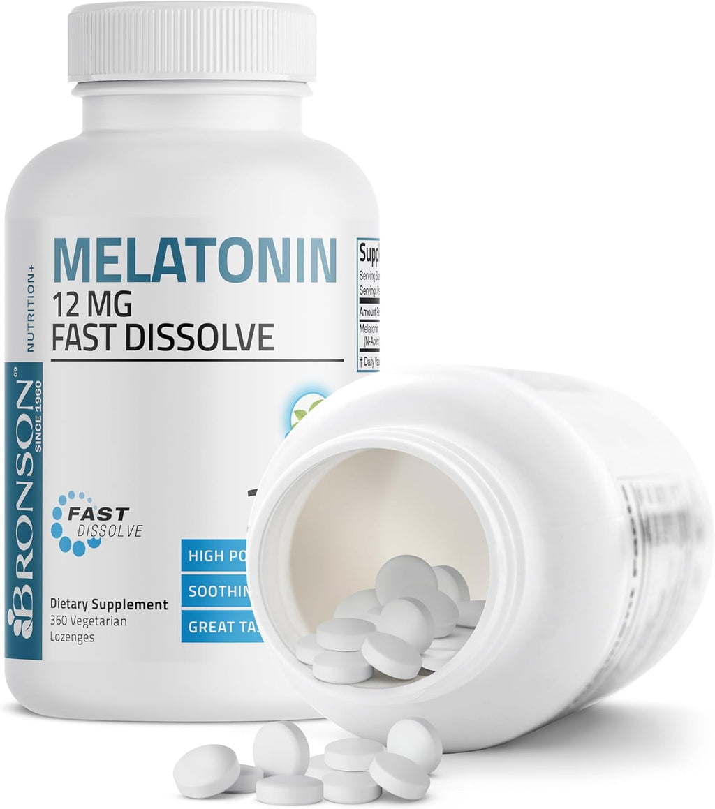 Bronson Melatonin 12mg Fast Dissolve Nighttime Sleep Aid Support & Relaxation Support, 360 Peppermint Vegetarian Lozenges