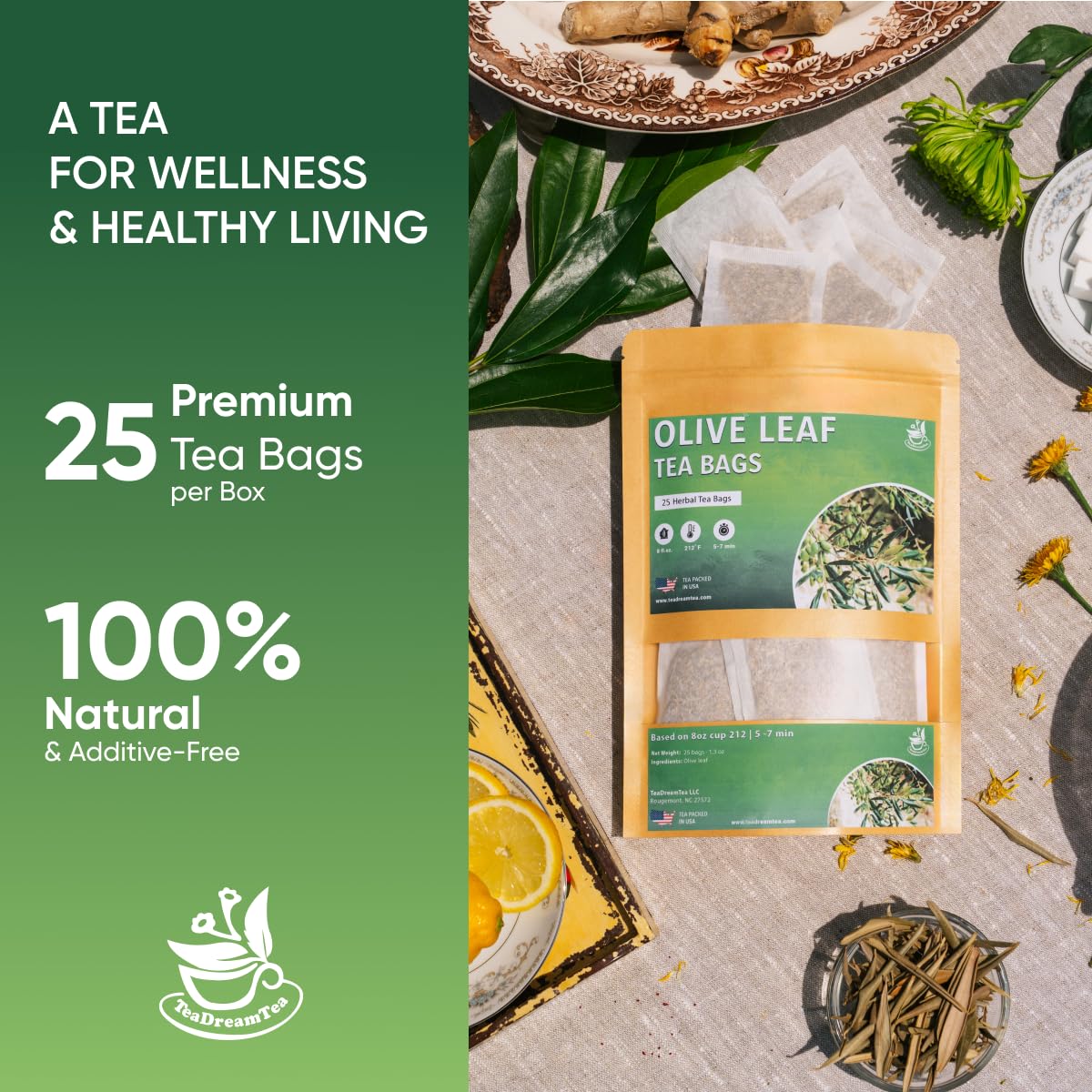 Olive Leaf Tea Bags – 25 Bags (Premium Dried Olive Leaf Tea - 25 Count), Natural Extract Caffeine-Free Herbal Tea for Health & Immune Support