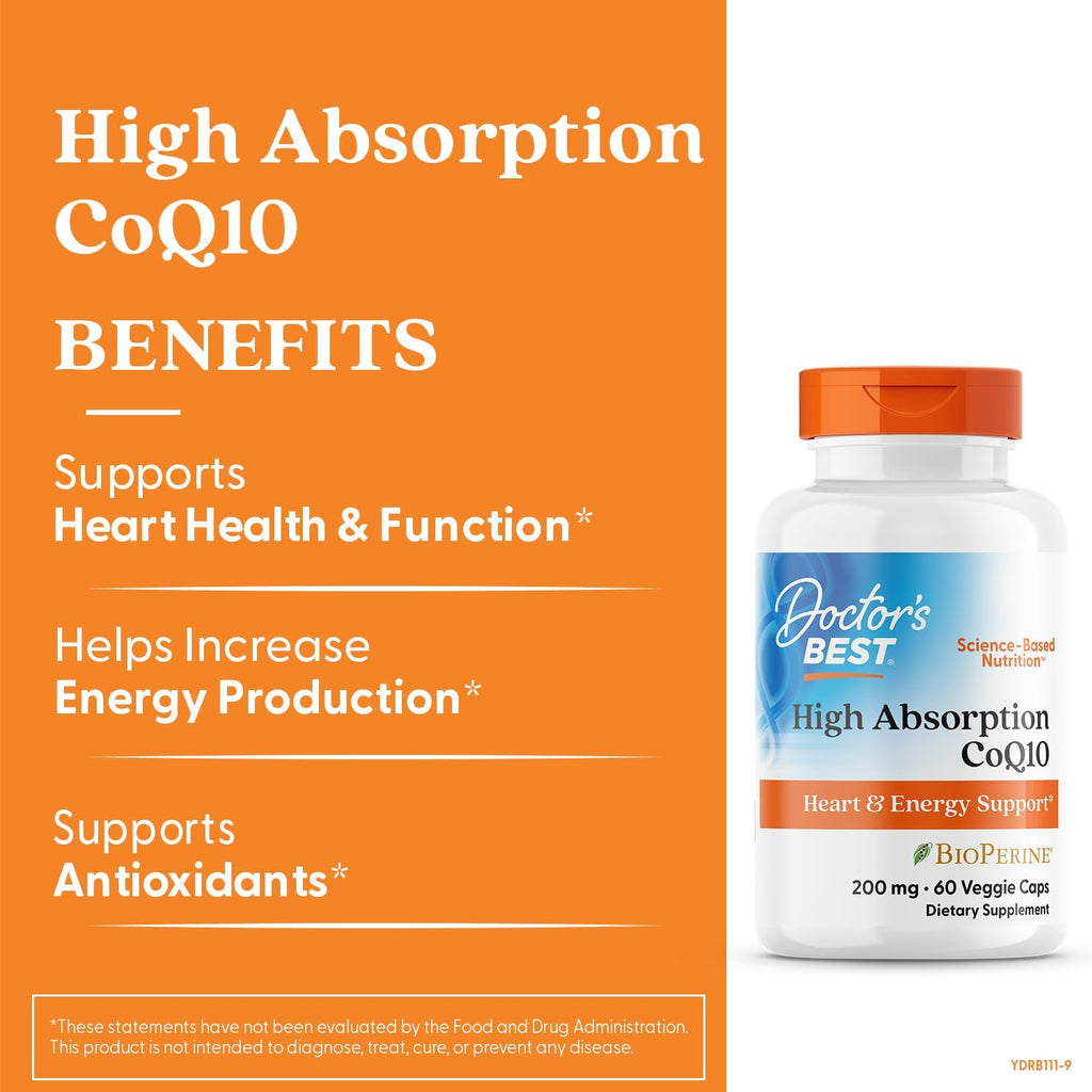 Doctors Best High Absorption CoQ10, Heart & Energy Support*, USP Verified, Naturally Fermented CoQ10, Non-GMO, Gluten Free, Soy Free, Vegan 60 Veggie Caps