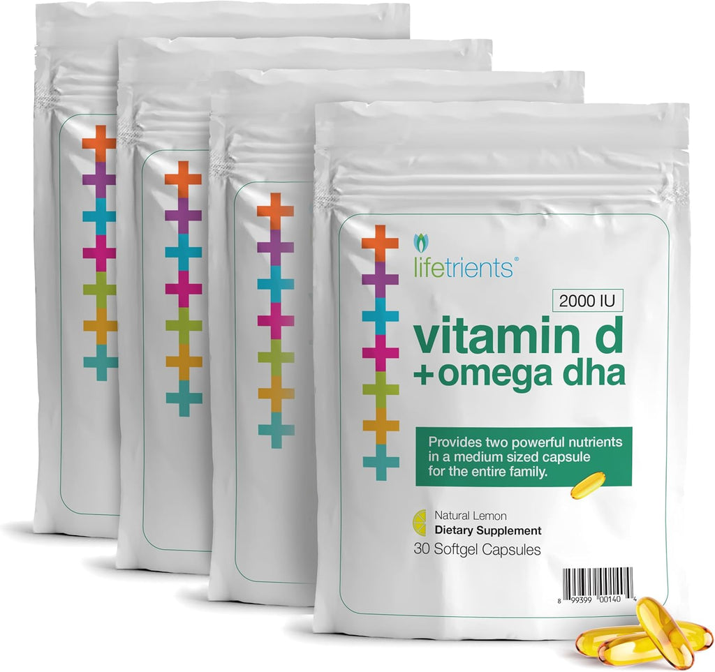 Premium Omega-3 Fish Oil & Vitamin D3 Softgel Capsules - 375mg DHA Boost + 2000 IU - Zesty Lemon Flavor Fish Oil Supplements for Women and Men - USA Made - Heart & Brain Health - 4-Pack