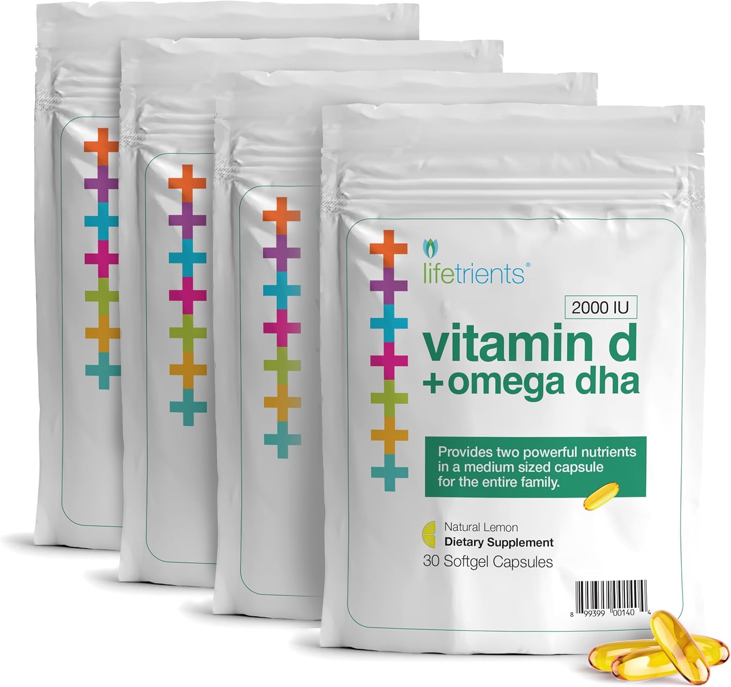 Premium Omega-3 Fish Oil & Vitamin D3 Softgel Capsules - 375mg DHA Boost + 2000 IU - Zesty Lemon Flavor Fish Oil Supplements for Women and Men - USA Made - Heart & Brain Health - 4-Pack
