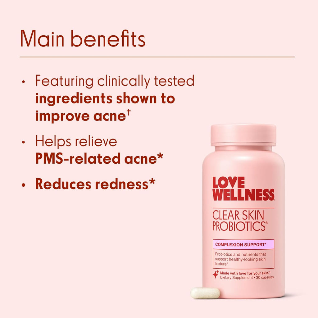 Love Wellness Clear Skin Probiotic | Clear Up Hormonal Acne Pimples, Redness & Pore Minimizer | Skin Care with Zinc, Bifidobacterium Longum & Chaste Tree Fruit Extract | Acne Treatment | 30 Count