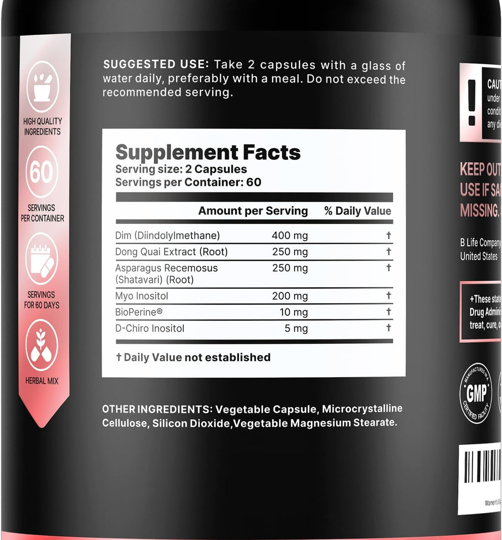 DIM Supplement 400 mg with Myo & D-Chiro Inositol, Dong Quai – Hormone Balance for Women – PCOS Supplements & Fertility Supplements – Inositol Supplement for Women - 120 Caps - 60 Day Supply