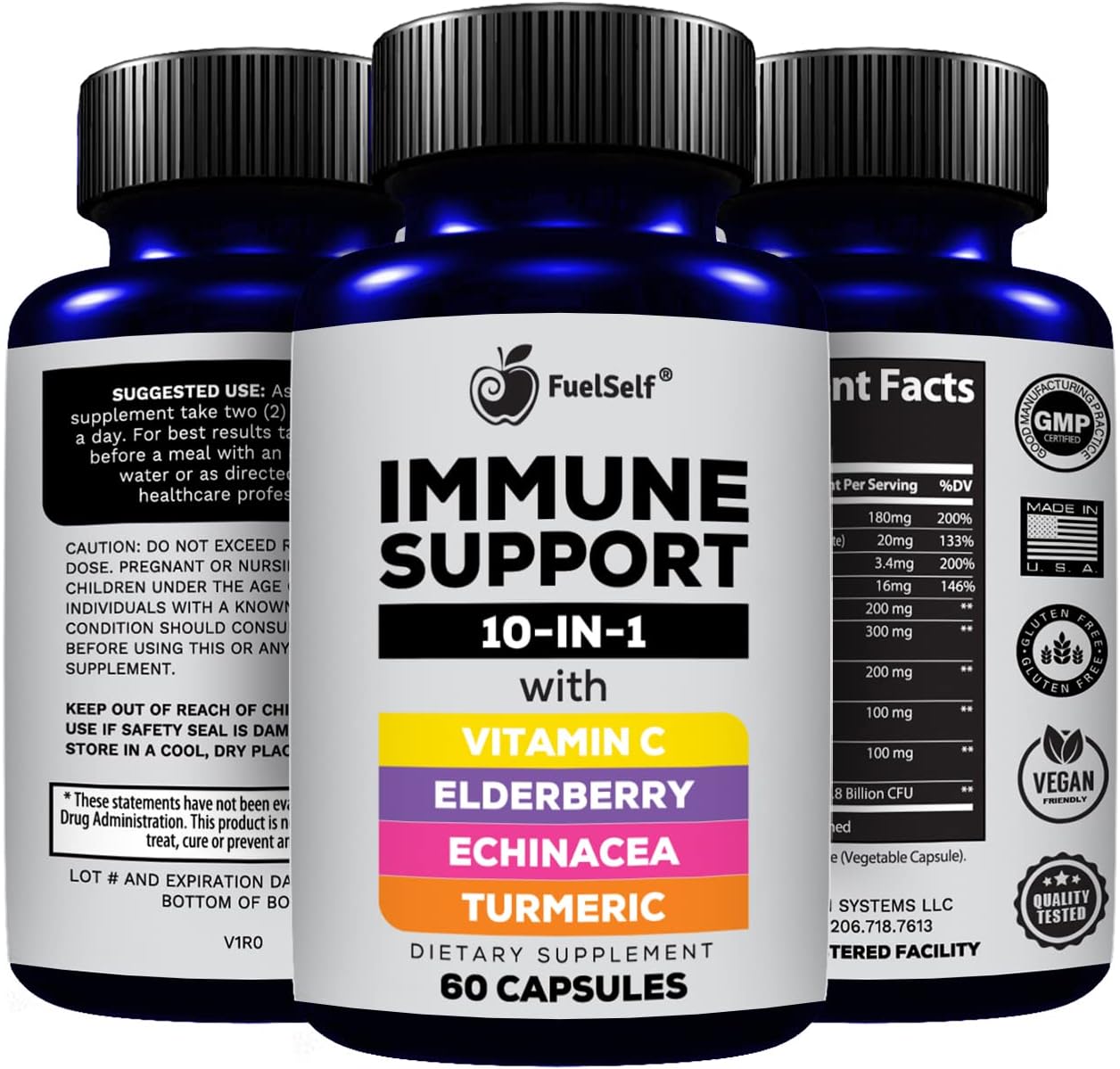 Immune Support Booster Supplement with Elderberry, Vitamin C, Echinacea, Turmeric Curcuminoids, Vitamin E, Vitamin B6, Zinc, L-Glutamine HCL, Garlic, Lactobacillus Acidophilus :: 60 Count, 1 Pack