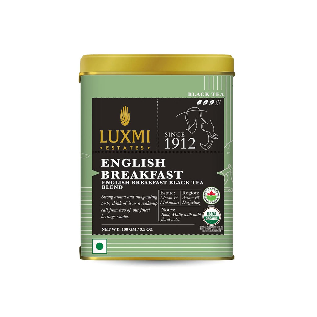 Luxmi Estates - Tale of Two Estates - Organic English Breakfast Tea - Loose Leaf - 100g (50 Cups) | Made with Organic Darjeeling & Assam Tea from India | Smooth, Flavorful, Robust and Caffeinated
