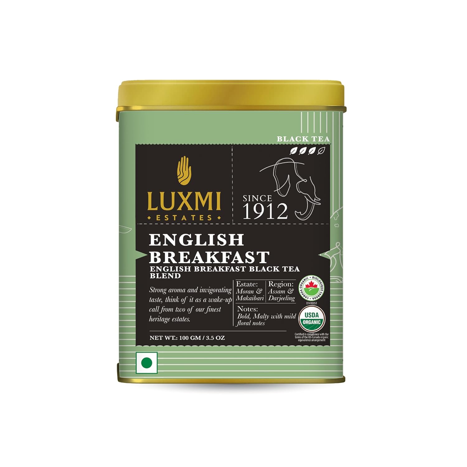 Luxmi Estates - Tale of Two Estates - Organic English Breakfast Tea - Loose Leaf - 100g (50 Cups) | Made with Organic Darjeeling & Assam Tea from India | Smooth, Flavorful, Robust and Caffeinated