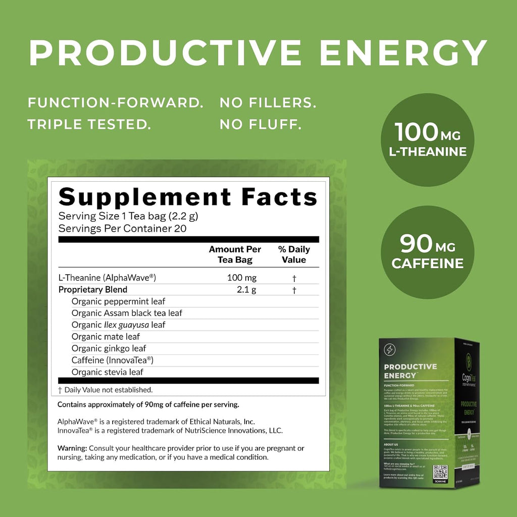 Productive Energy Tea - Enhanced Focus & Energy with 100mg L-Theanine, 90mg Caffeine Organic Guayusa & Yerba Mate, Assam Black Tea - Crash-Free Cognitive Boost