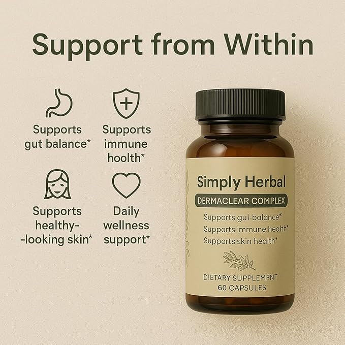 Simply Herbal– Daily Dietary Supplement for Skin & Immune Support, Natural Gut-Skin Balance Formula with Zinc, Vitamin C & Herbal Extracts – 60 Capsules