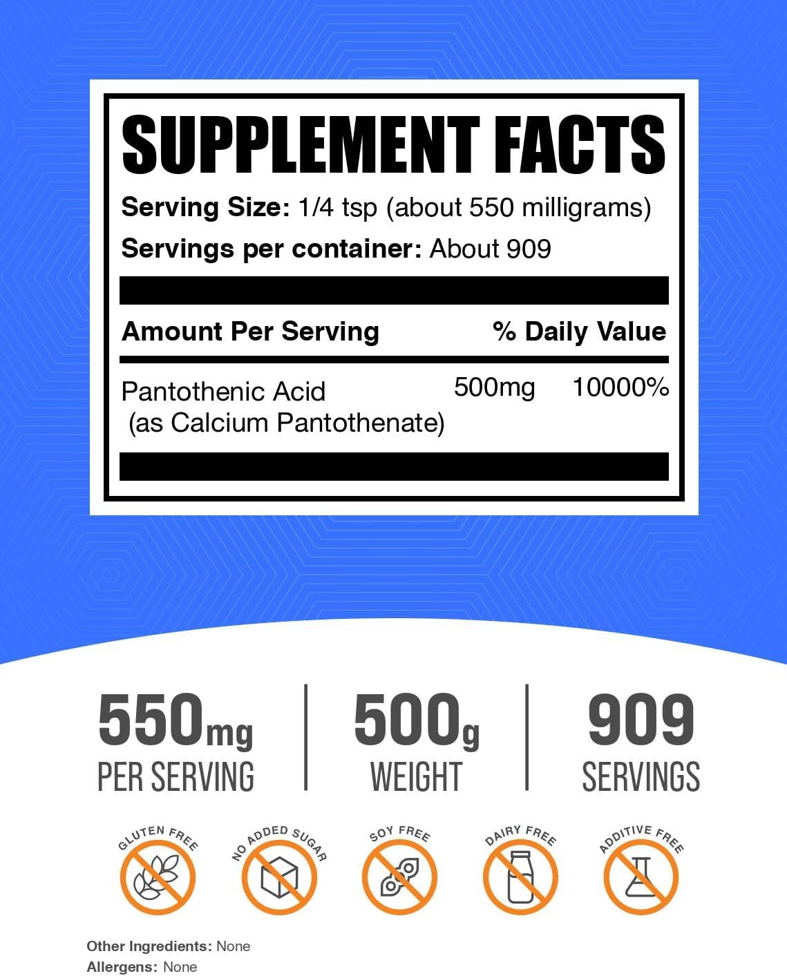 BulkSupplements.com Vitamin B5 Powder - as Calcium Pantothenate, B5 Vitamins - Gluten Free, 500mg of Vitamin B5 Pantothenic Acid per Serving, 500g (1.1 lbs) (Pack of 1)