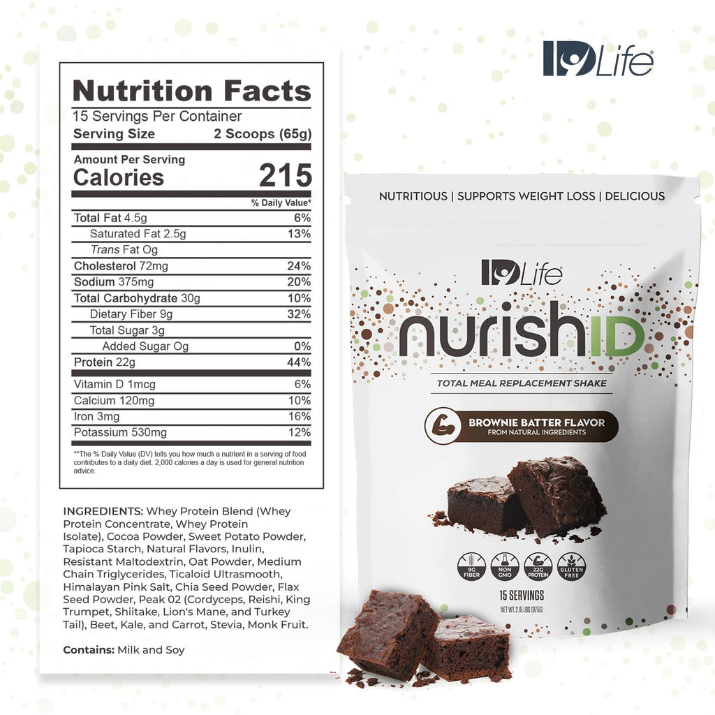 IDLife Brownie Batter NurishID Meal Replacement Shake - with Slow-Digesting Carbs, Superfoods, Vegetable Blend and Adaptogenic Mushrooms - 15 Servings