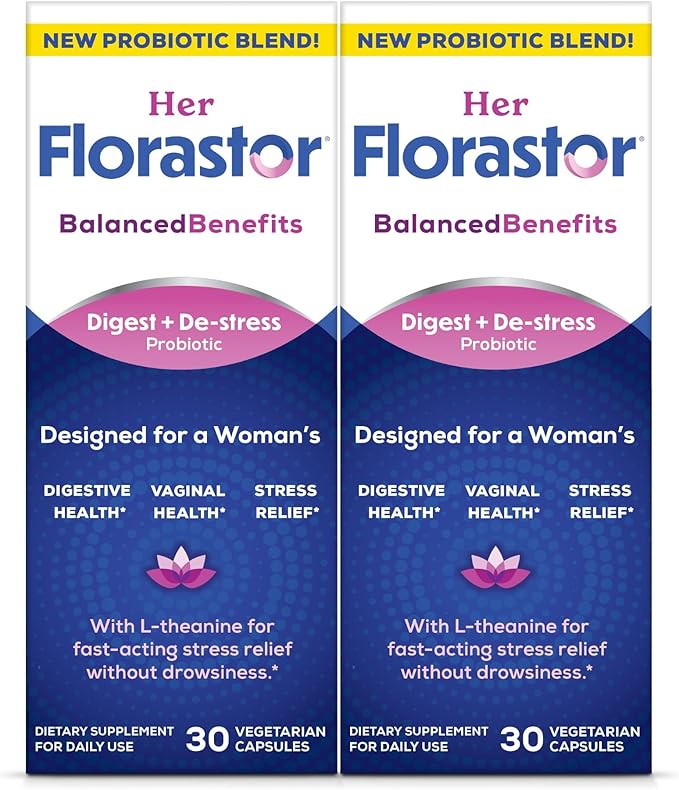 Florastor Probiotics for Women, Digest and De-Stress, Probiotics for Digestive Health, Vaginal Probiotic, and L-Theanine for Mind and Body Wellness, 60 Capsules