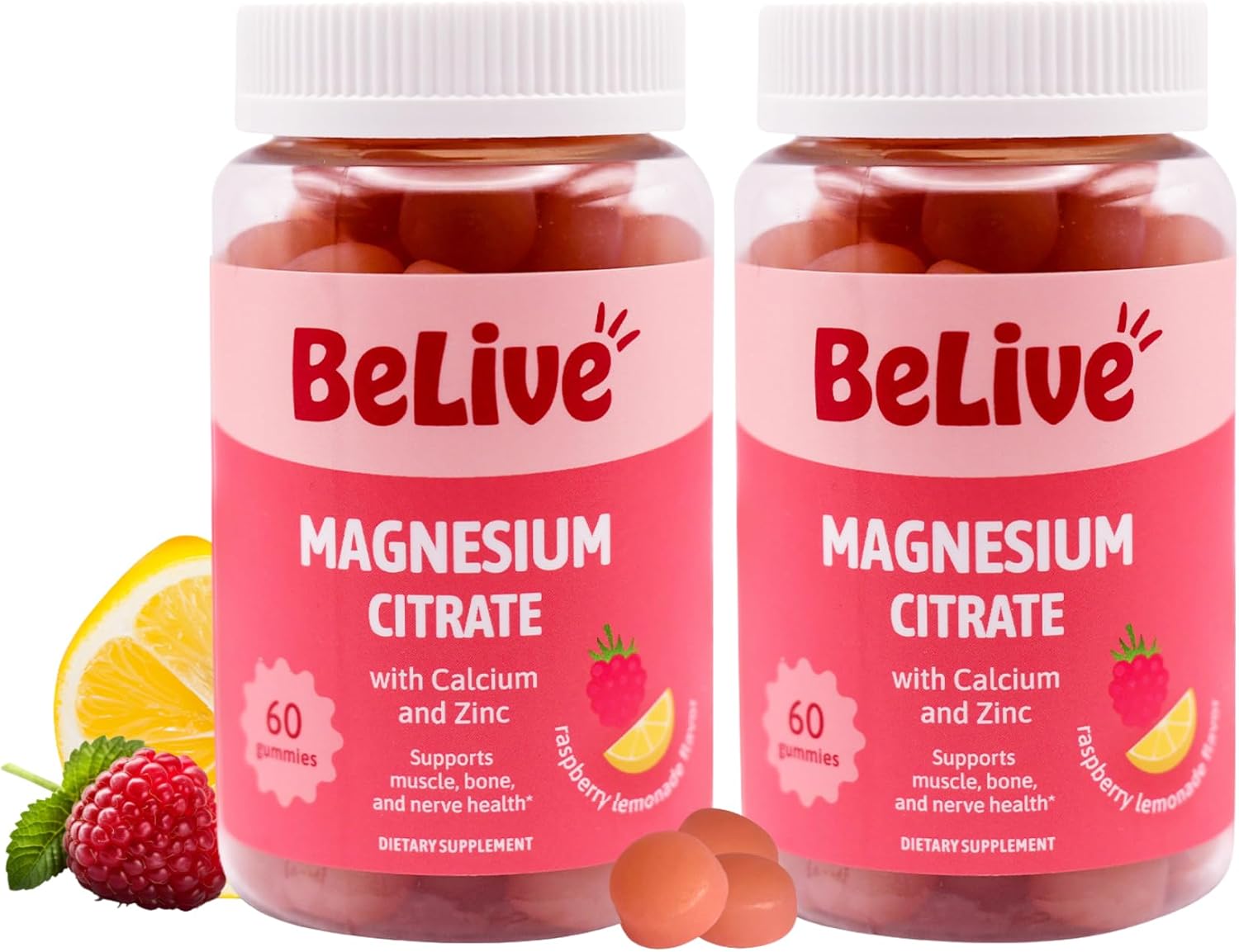 BeLive Magnesium Citrate Gummies with Calcium and Zinc for Adults and Kids - High Absorption Magnesium Supplement for Cognitive, Bone, Muscle and Nerve Health - Raspberry Lemonade - 120 Count