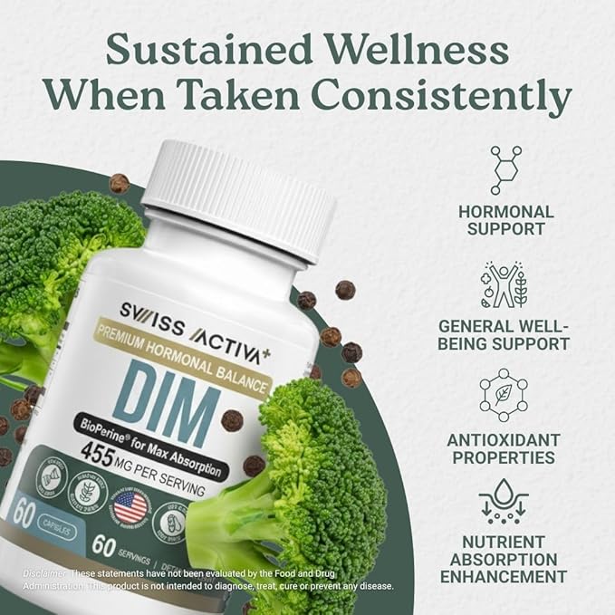 Swiss Activa+ Labs DIM Supplement – Hormone Balance for Women & Men – Estrogen Supplement for Women and Men– Supports Hormonal Acne & Menopause Symptoms| Gluten Free, Non-GMO & Vegan – 60 Days Supply