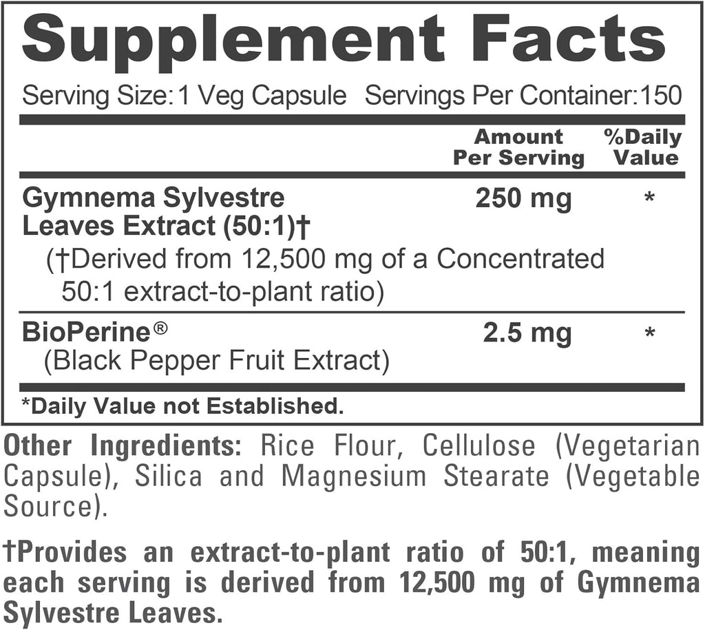 NusaPure Gymnema Sylvestre 50:1 Extract, 250 mg Equivalent to 12,500mg Per Vegan Caps - 150 Count (Non-GMO, Vegan, Bioperine)