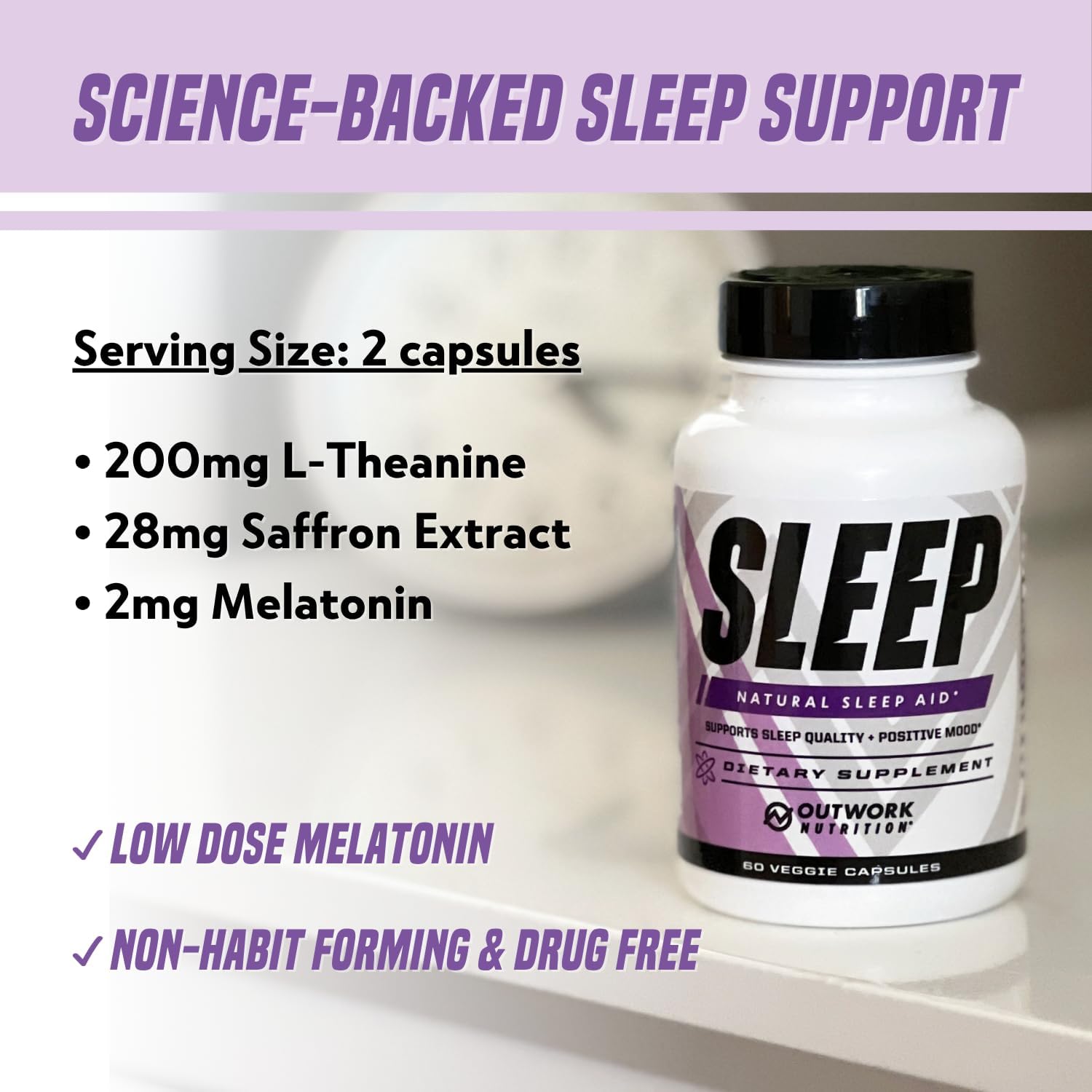 Outwork Nutrition Sleep Aid - Natural Melatonin, L-Theanine, Saffron Extract - Sleep Supplements for Adults - Boosts Sleep Quality & Time, Enhances Positive Mood - 60 Veg Capsules (Not Gummies)