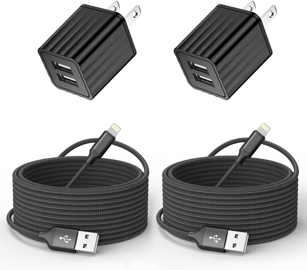iPhone Charger 10ft, Fast i Phone Block Dual 2Port USB Wall Charger Block Adapter Plug 2 Pack & Long 10foot Fast Charging Nylon Braided Lightning Cable Cord for iPhone 14/13/12/11/XS/XR/8 Plus/SE iPad