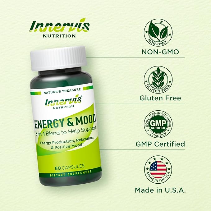 Energy & Mood Supplement – Boost Energy & Reduce Fatigue, Support Relaxation – 60 Capsules – Non-GMO, 3rd Party Tested – Innervis Nutrition