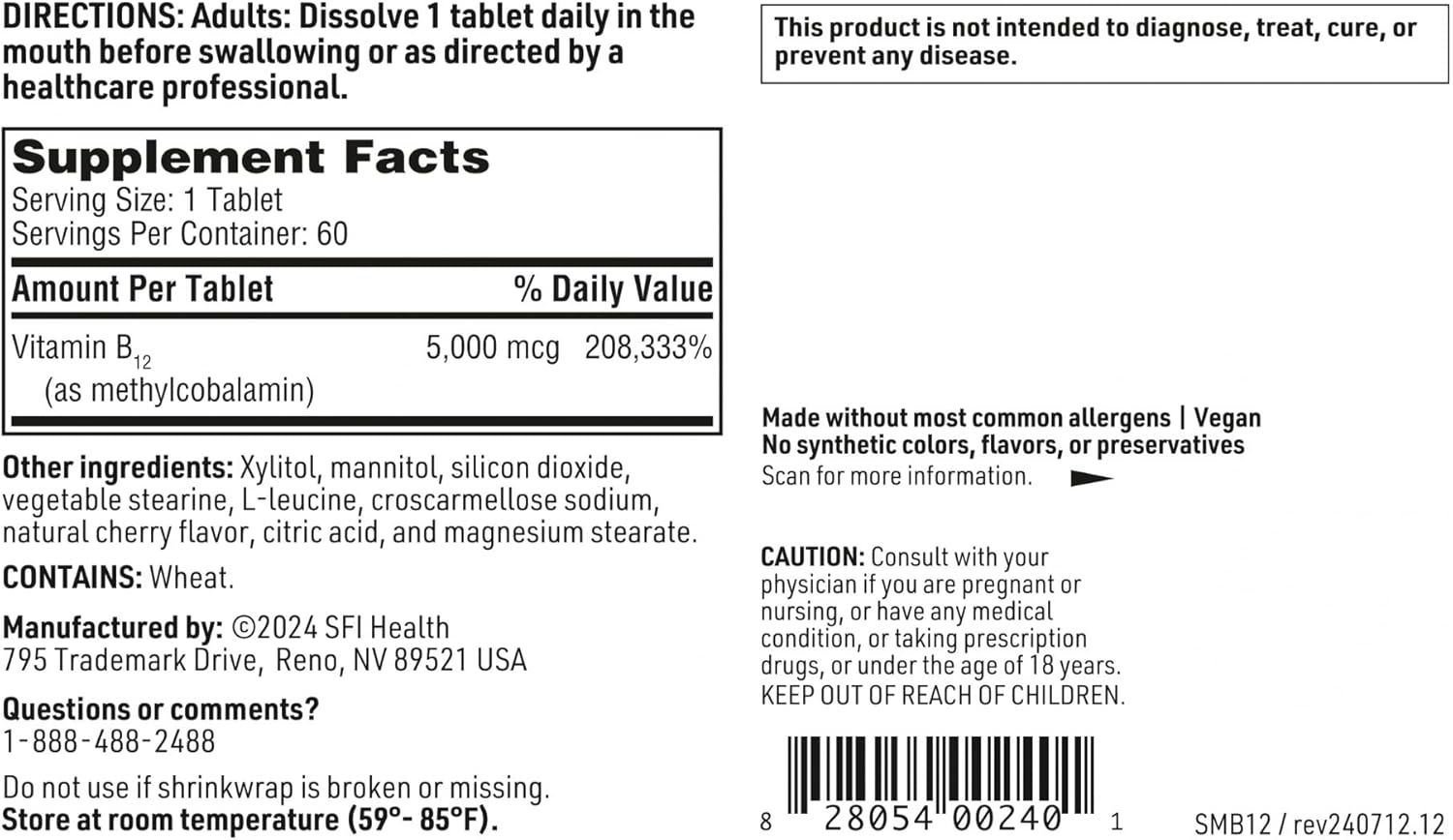 Klaire Labs Methylcobalamin Lozenges - 5000 Micrograms Vitamin B12 for Cognitive & Cardiovascular Support, Hypoallergenic & Natural Cherry Flavor (60 Fast Dissolve Tablets)