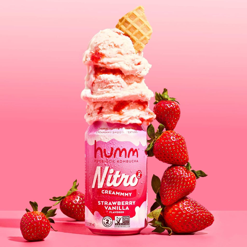 Humm Nitro Kombucha Variety Pack, Creamy Smooth Probiotic Drink with L-Theanine, Includes Blackberry Vanilla, Orange Dream Pop & Strawberry Vanilla, Non-GMO, Vegan, Gluten Free, 12 fl oz (Pack of 24)