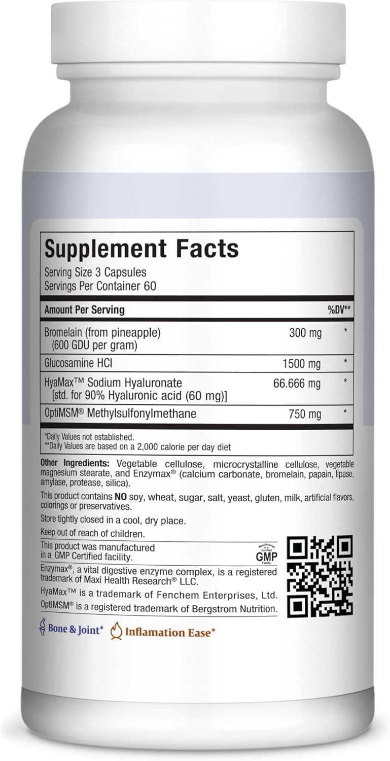 Glucosamine MSM and Hyaluronic Acid with Bromelain Supplement – Joint Support Supplement for Women and Men with Enzymes and Hyaluronic Acid – for Cartilage, Joint Health and Flexibility – 180 Count