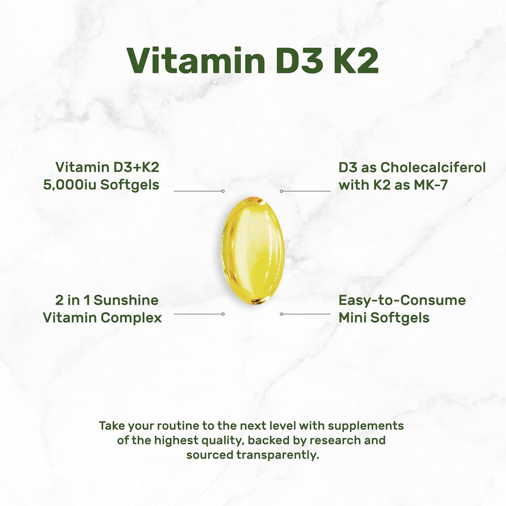 DEAL SUPPLEMENT Vitamin D3 5,000 IU + K2 MK7 Softgels, 250 Count | 2-in-1 Complex | Supports Heart, Bone, Teeth & Immune Health | Easy to Swallow
