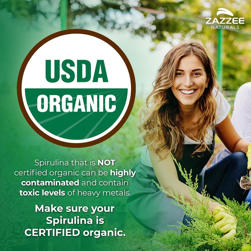 Zazzee Organic Spirulina Powder, 2.2 Pounds (1 KG), USDA Certified, 303 Servings, Kosher, 100% Pure, Non-Irradiated, Mess-Free Wide Mouth Container, Fresh Smell and Neutral Taste, Non-GMO, Gluten-Free