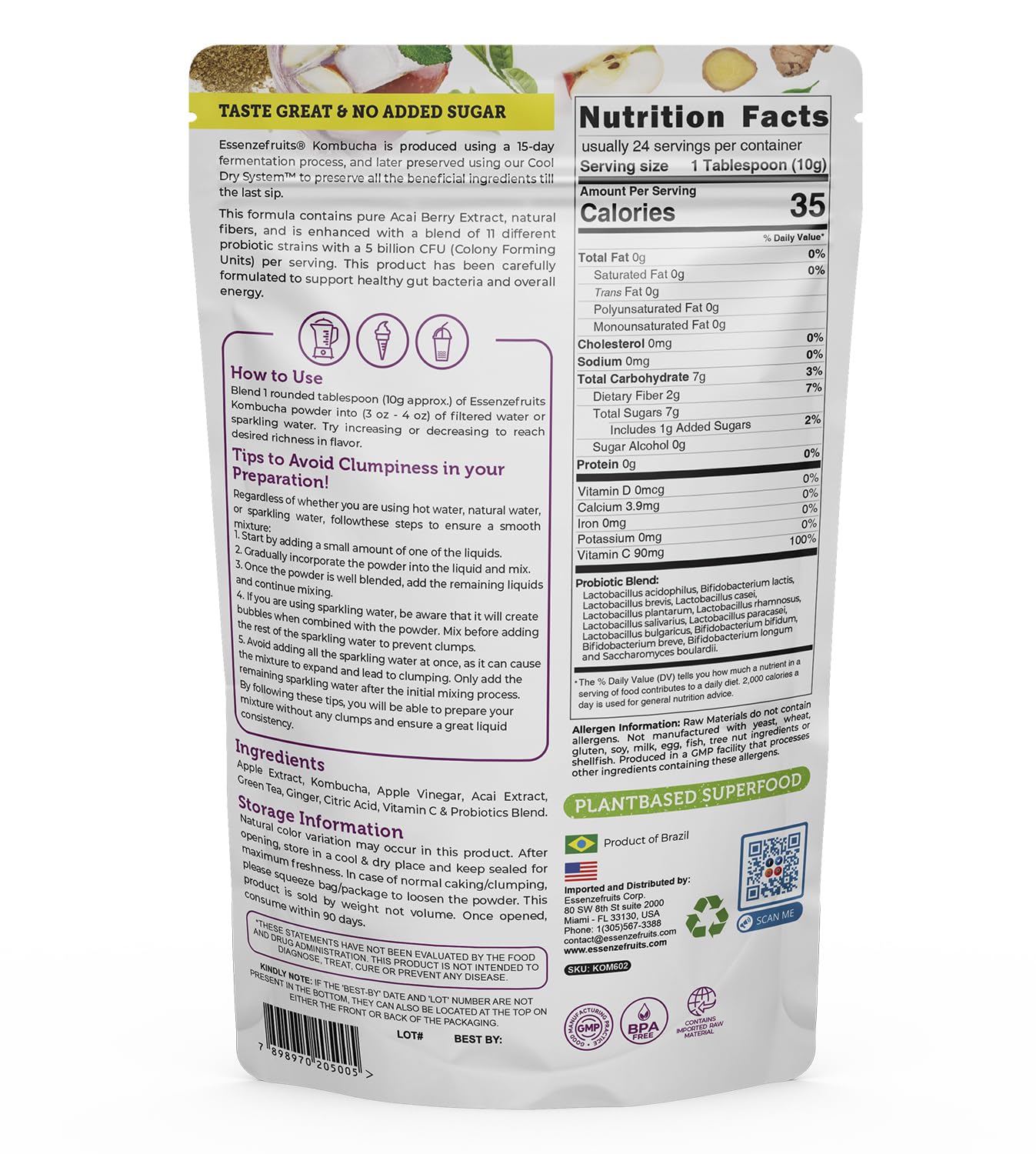 Essenzefruits Acai Kombucha Powder Tea Mix Beverage – Sugar Free, Fermented & Dried - Just Add Water! Probiotics & Prebiotics, Vitamin C - Makes up to 30 Cups (8 Oz, 226g)