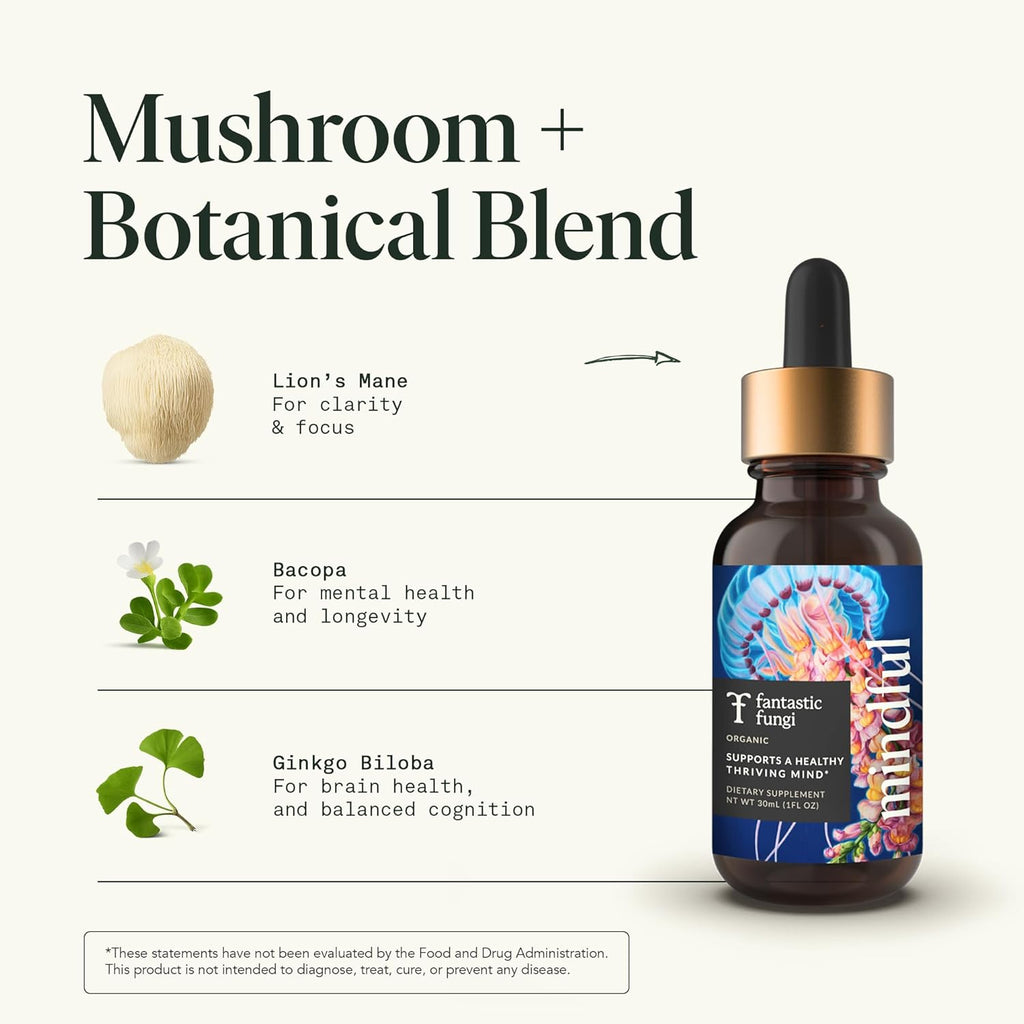 Fantastic Fungi Organic Mushroom Tincture - Mindful Elixir with Lions Mane Mushroom Extract, Bacopa & Ginkgo Leaf - Drops for Focus, Clarity & Memory Support - Formulated in USA, 30 Servings, 1 fl oz