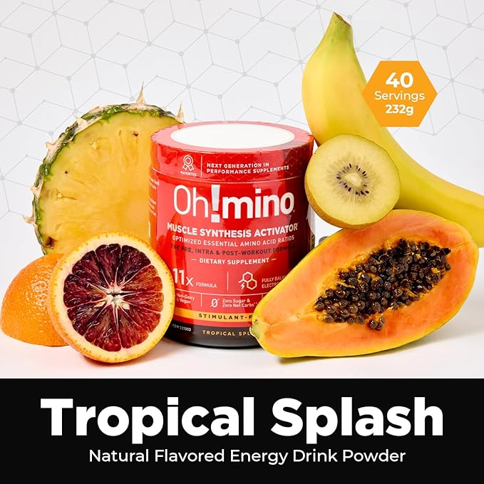 Oh!mino BCAAs + EAAs, All 9 Essential Amino Acids for Muscle Growth & Recovery, Tropical Flavor, Stimulant-Free, Sugar-Free Pre/Intra Post Workout Supplement, Non-GMO