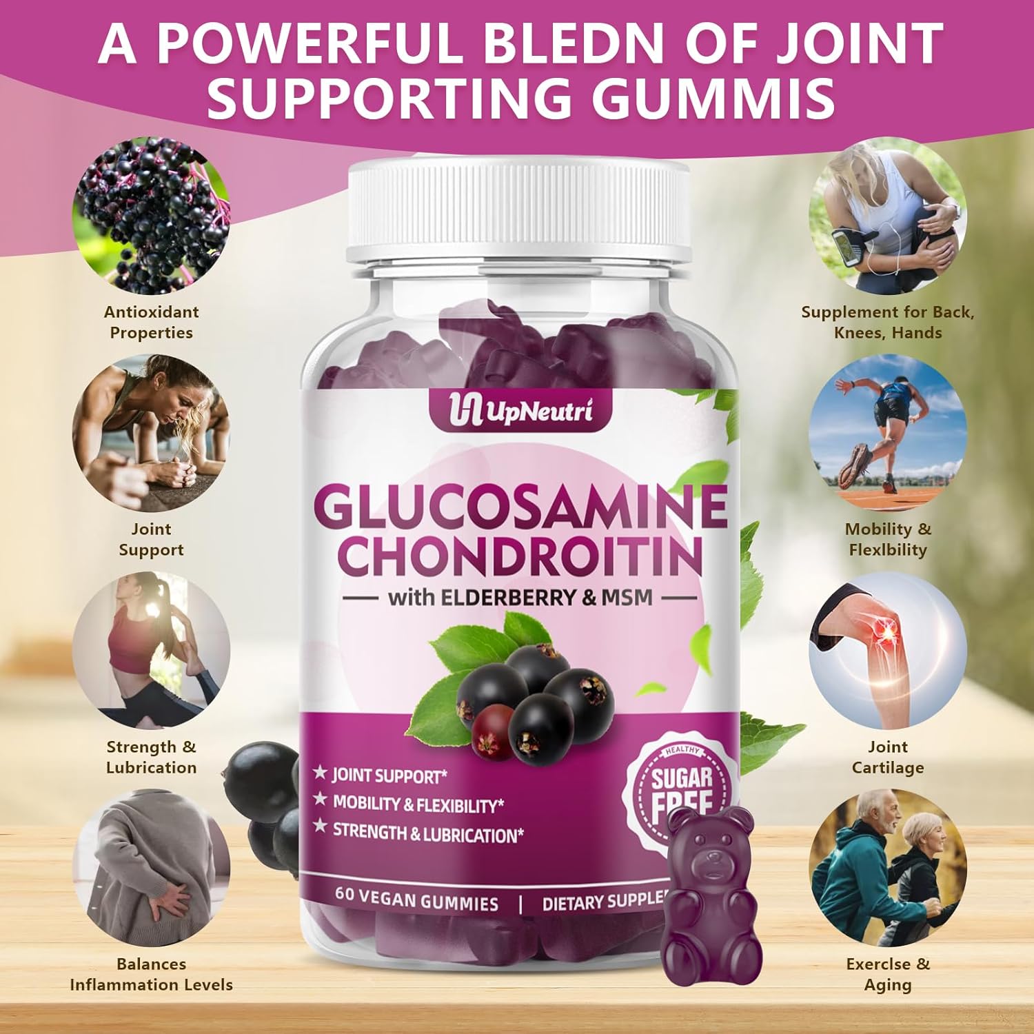 Glucosamine Chondroitin Gummies Sugar Free, Extra Strength 1500mg Glucosamine with Chondroitin MSM & Turmeric, Joint Support Supplement for Men & Women Joint Health (60 Count (Pack of 1))