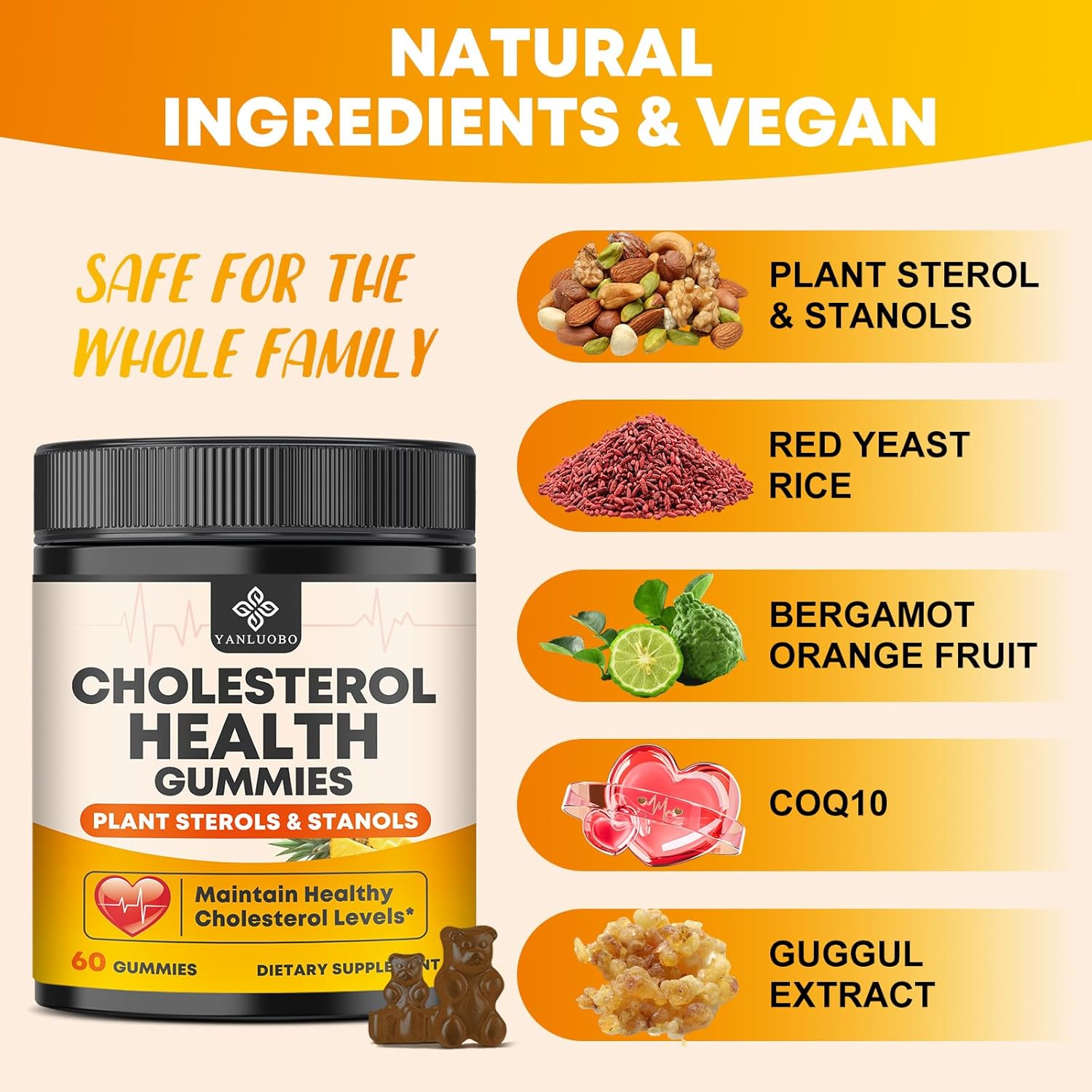 Cholesterol Supplements Gummies, Support Healthy Cholesterol Levels with 1200mg Plant Sterols & Stanols, Bergamot Orange Extract, Red Yeast Rice for Women & Men, Pineapple Flavor, 60 Counts (2 Pack)